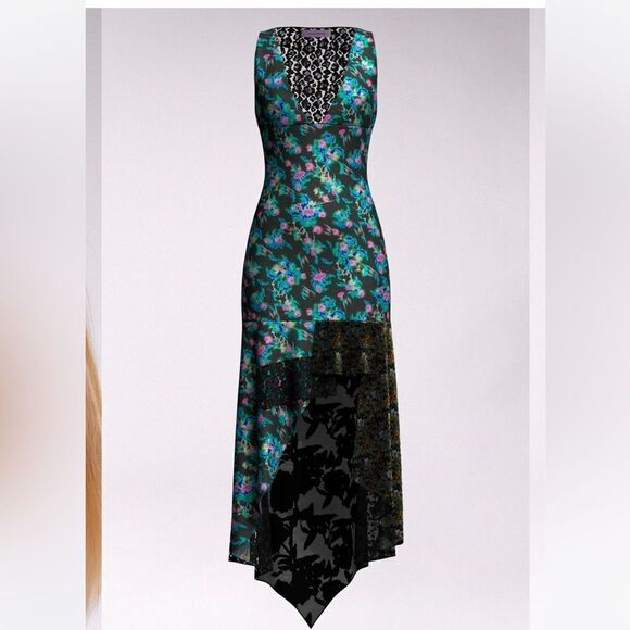 MACCAPANI Katie High Low Dress, Black Blue Floral, Size Large (8), Designer, NWT - Picture 10 of 11